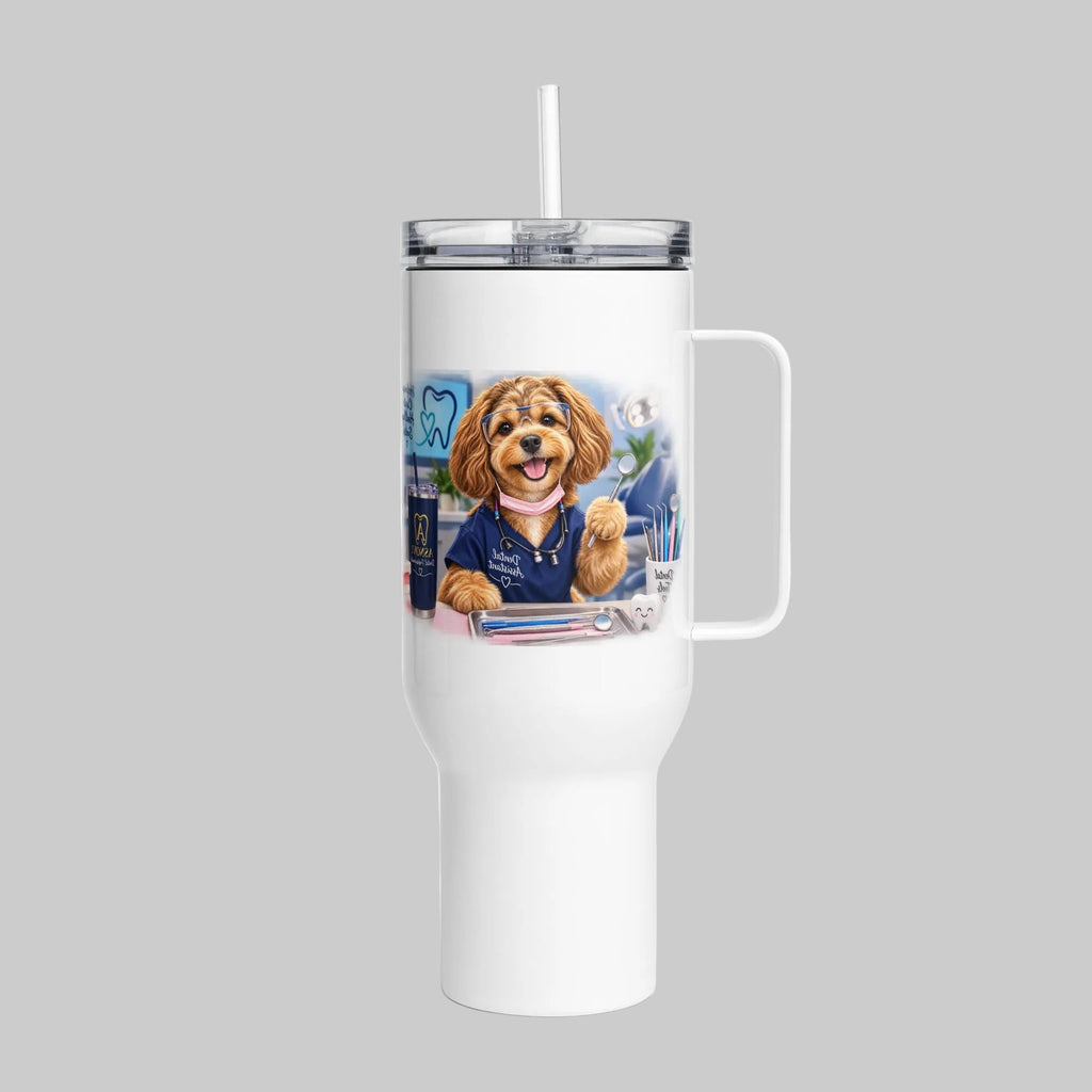 “White 40 oz travel mug with handle featuring ASNOVI dental design.”