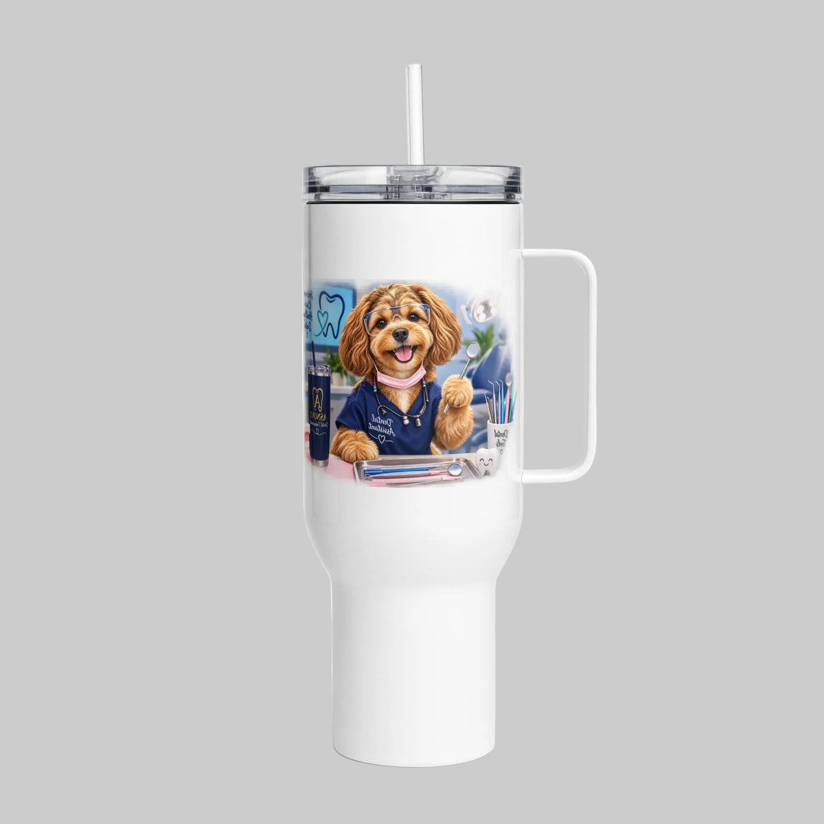 “White 40 oz travel mug with handle featuring ASNOVI dental design.”